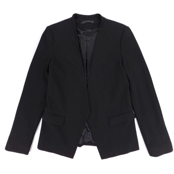 ZARA Crepe Open Front Collarless Blazer Suit Jacket Black Old Money Quiet Luxury - Picture 1 of 9